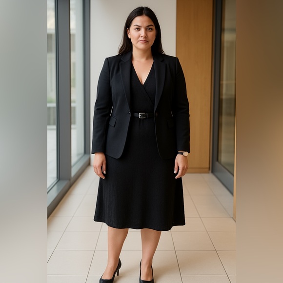 Eileen Fisher L Black Wool Midi Dress Textured Knit Wrap V-Neck Size Large - Picture 10 of 10